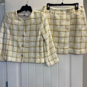 CAbi Cream and Yellow Plaid tweed blazer and Skirt Set